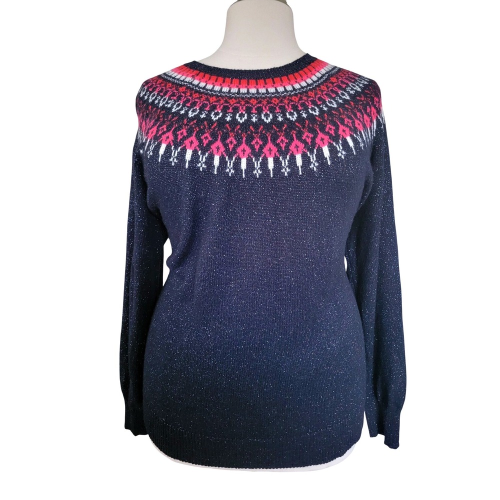 Lane Bryant Fair Isle Sweater Womens 26/28 Blue Metallic Knit Holiday Excellent